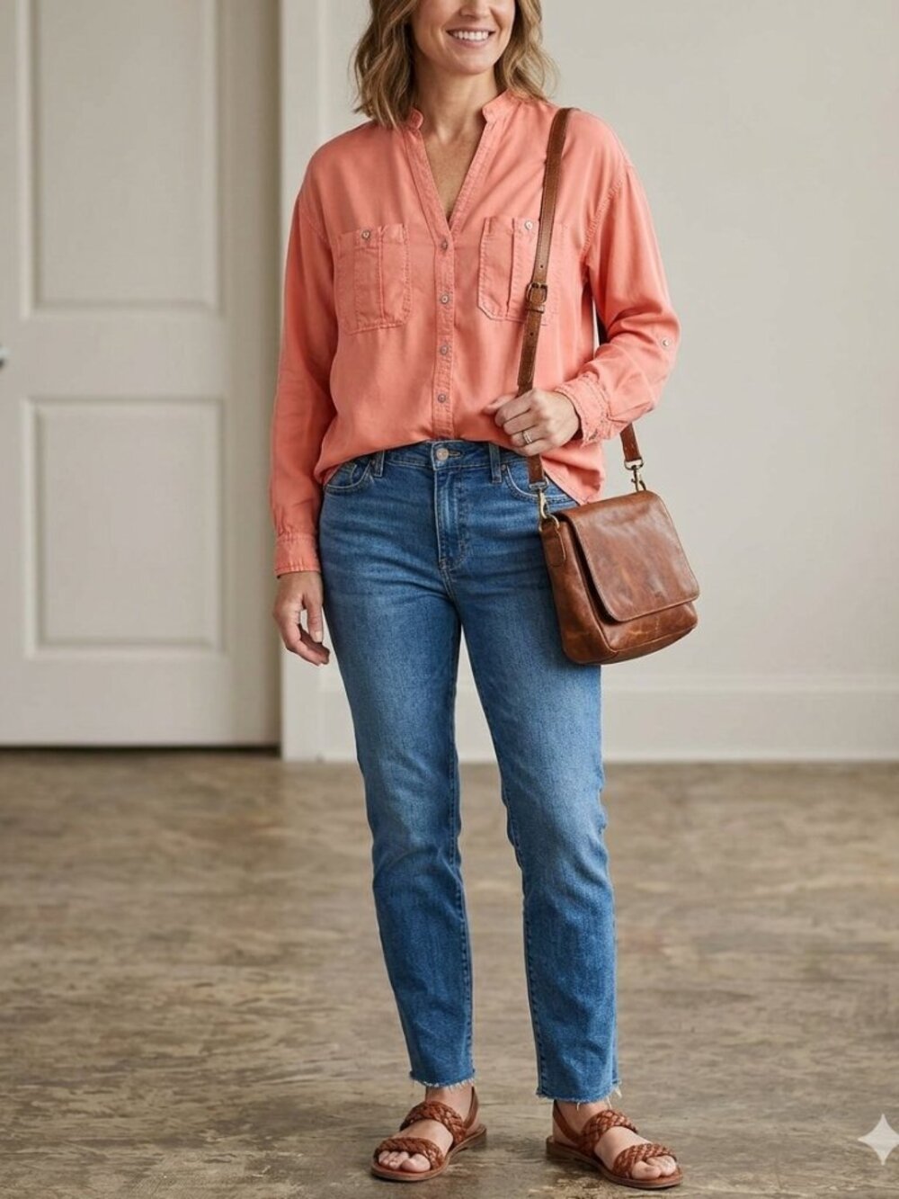 Zara coral button down top with pockets, size S